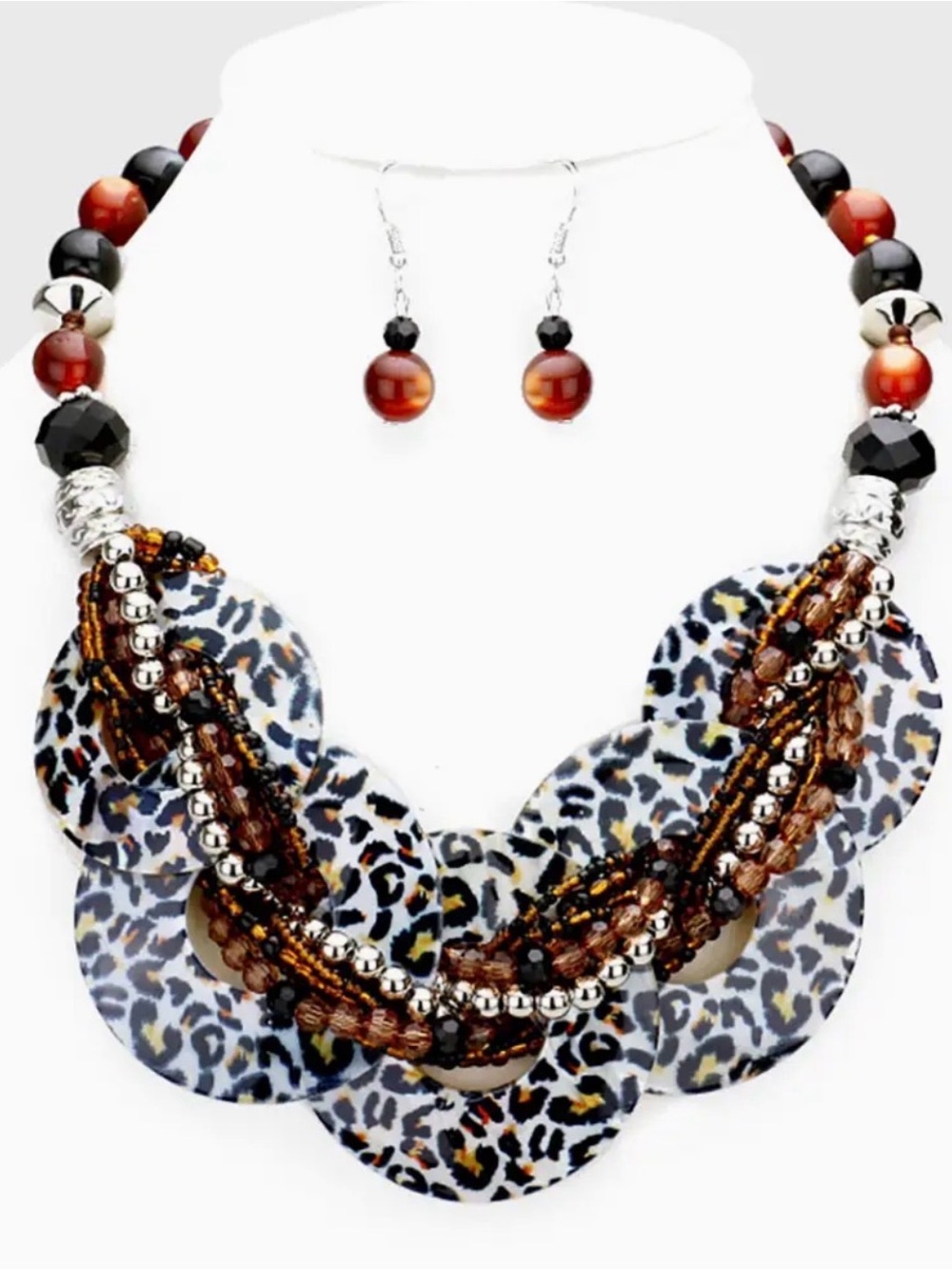Statement Leopard Print Disc Necklace with Brown Bead Accents